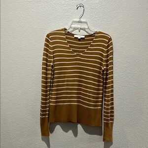 LOFT Striped Rib Trim V Neck Sweater Golden Camel Sz X Small  Effortless Casual
